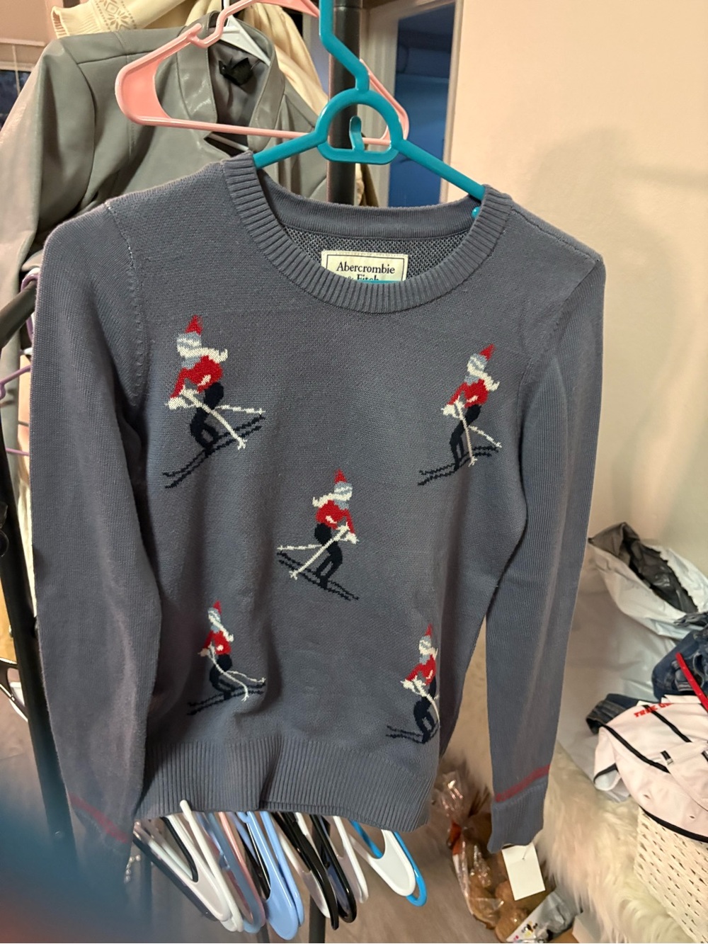 Abercrombie & Fitch Navy Crewneck Sweater with Red Ski Motif